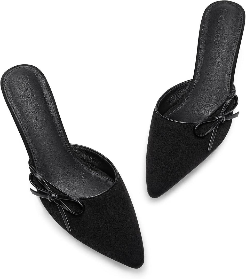 Coutgo Womens Kitten Heels Bow Tie Mules Two Tone Closed Pointed Toe Slip On Backless Wedding Dress Shoes Pumps (9.5, Cool Black)