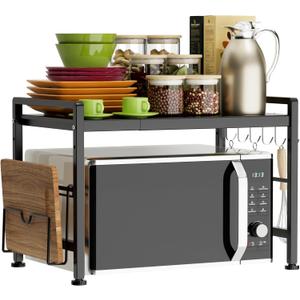Extendable Microwave Oven Rack - Adjustable Kitchen counter shelf, 2 Tier Microwave Stand (L15.7~23.6" xW12.8 xH17.7) with 6 Hooks for Kitchen Countertop Organizer (Black) (Black)