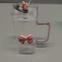 13Oz Square Glass Cups with Lids and StrawsHeat Resistant Glass Tumbler with Handle Bow Knot Transparent Drinking Glasses for Water,Juice,Iced Coffee,Milk,Tea (Pink)