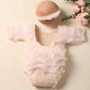 Ylsteed Newborn Photography Outfits Girl Lace Romper with Headband Photo Shoot Outfits Girls Photo Props - Ruffles Beige