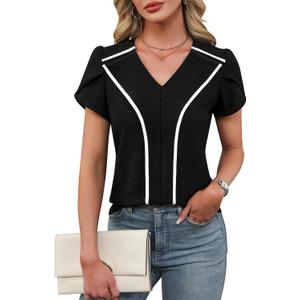 BMJL Womens Blouses Dressy Casual Short Sleeve Shirts Work Business Outfit Trendy Summer Tops (Black, XL)