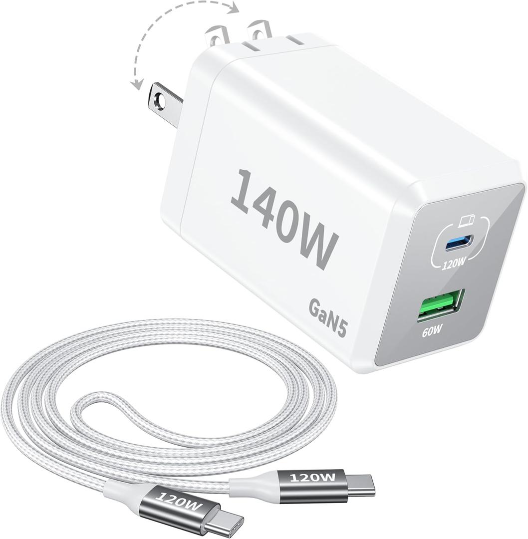 Mac Book Pro Charger - 140W 2 Port Foldable USB C Charger Fast Charging Compatible with for Mac Book,M1 M2 M3 M4 M5.iPad/iPhone 17/16 Series, Samsung Galaxy, Pixel, Include 5 FT Charge Cable