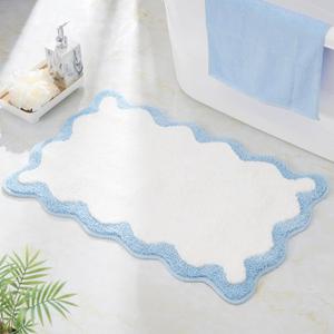 Luxury Cute Bathroom Rugs, White Bath Mat W/Blue Scalloped Edge, Microfiber Aesthetic Trendy Funky Fun Preppy Rug, Extra Soft Bathroom Mat Non-Slip for Tub, Shower, and Bath Room 30'' x 20'' (1'8" x 2'6" (Rectangular))