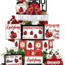 19 Pcs Ladybug Tiered Tray Decor Set Spring Summer Ladybug Table Wooden Signs Hello Spring Red Ladybird Sunflower Wooden Blocks Signs Rustic Farmhouse Tiered Tray Decorative for Home Kitchen