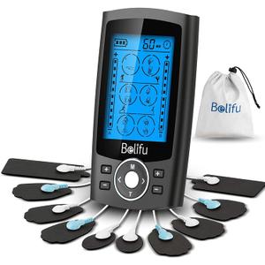 Belifu Dual Channel TENS EMS Unit 24 Modes Muscle Stimulator for Pain Relief Therapy, Electronic Pulse Massager Muscle Massager with 10 Pads, Dust-Proof Drawstring Storage Bag, Fastening Cable Ties (Black)
