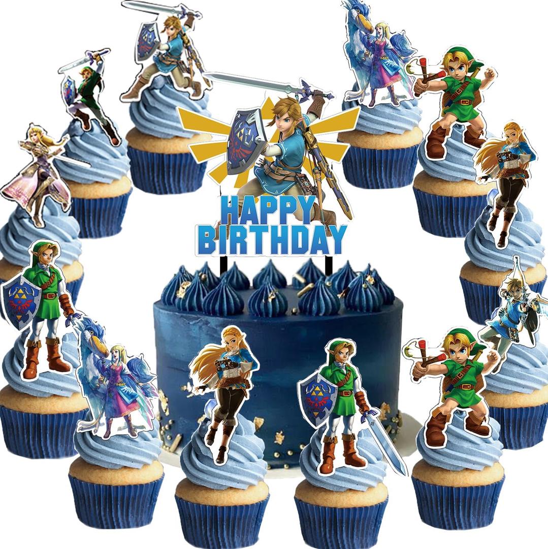 25Pcs Zelda Birthday Party Supplies Pack Includes 1 Cake Topper 24 Cupcake Toppers for Game Zelda-s Party Supplies
