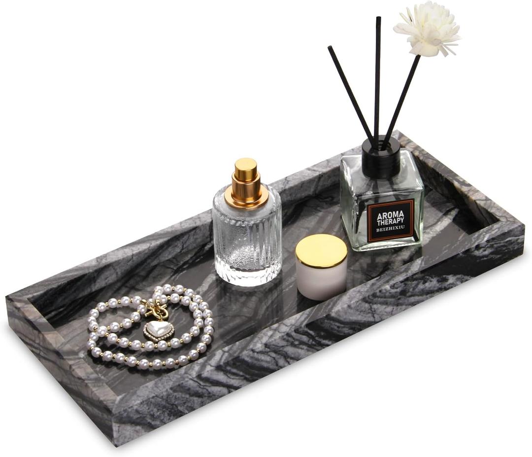 Marble Bathroom Vanity Tray, Natural Luxury Vanity Home Kitchen Bathroom Table Tray, Stone Decorative Countertop Dresser Trays for Key Coffee Perfume Jewelry Makeup (Wood Grain, 12"x 5" x1.2")