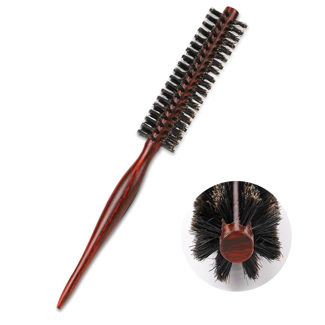 Small Boar Bristle Round Brush for Blow Drying, Styling - Wooden Handle, Soft Natural Bristles for Short/Thin Hair, Women and Men's Beard