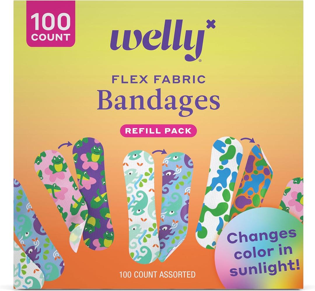 Welly Bandage Color Changing Refill Pack | Adhesive Flexible Fabric Bandages | Assorted Shapes and Patterns for Minor Cuts, Scrapes, and Wounds - 100 Count
