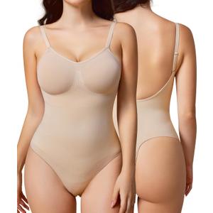 BRABIC Women's Backless Shapewear Bodysuit Tummy control Thong Seamless Body Shaper Sleeveless Compression Tanks Tops (Beige, Large)