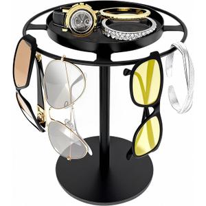 LSK Metal Sunglasses Organizer, Glasses Holder Stand with Storage Tray, Eyeglasses Holder with Anti-Slip Pads for Tabletop, Desk, Dresser, Matte Black