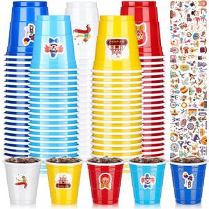 100 Pcs 2 oz Carnival Circus Shot Glasses with Stickers Disposable Plastic Cups for DIY at Circus Themed Party Supplies Carnival Events Birthday Celebrations