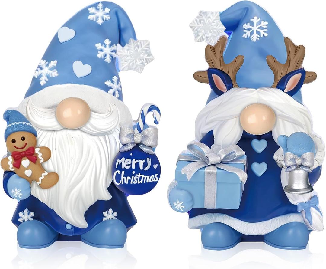 Menkxi 2 Pcs Winter Christmas Gnomes Figurines Rustic Scandinavian Nordic Elf Figurine Wooden Snowy Blue Gnome Tabletop Decoration Set for Winter Holiday Table Centerpieces Xmas Gift Party Supplies