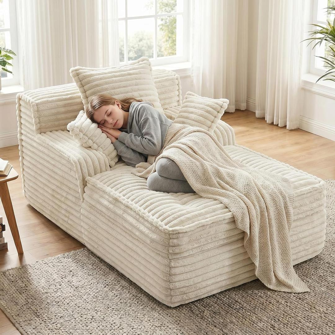 57'' Boneless Chaise Lounge Chair Indoor, Corduroy Small Boneless Sleeper Sofa with 3 Pillows & Wide Armrest, Fluffy Comfy Chase Lounge Indoor, Compression Boneless Couch for Living Room, Single Seat
