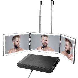 Vanexiss Rechargeable 3 Way Mirror for Self Hair Cutting-to See Back of Head, Trifold Mirror with 8 Light Strips & Telescoping Hooks for Makeup, Shaving & Styling