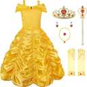 JerrisApparel Princess Dress Off Shoulder Layered Costume for Little Girl (8 Years, Yellow With Accessories)