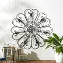 Glitzhome Outdoor Metal Wall Art Decor, Large Wrought Iron Scroll Wall Decor with Floral Design, Matte Black Finish, 23.75" D Exterior Garden Patio Porch Wall Decor, 23.8"L x 23.8"W
