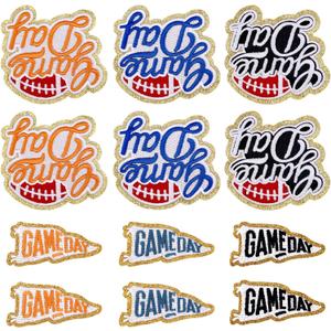 12pcs Game Day Patches, 2 Styles Polyester Thread Gold Edges Sports Iron On Patches Creative Embroidery Appliques for DIY Clothes Hats Pants Backpacks (3 Colors)
