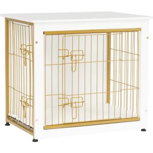 DWANTON Dog Crate Furniture with Cushion, Wooden Kennel Table with Double Doors, Indoor Dog House, Small/Medium/Large Size, 27.2" L, White
