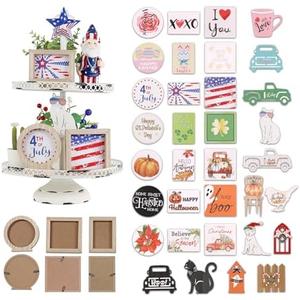 Rustic Interchangeable Tiered Tray Decor Kit with 3 Frames Multi Piece Double Sided Cards and Wood Signs for Seasonal Holiday Home Decor