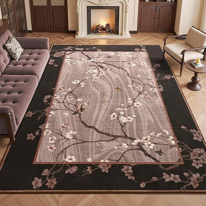 8x10 Area Rugs for Living Room, Oriental Floral Birds Large Washable Rug for Bedroom, Soft Low Pile Non Slip Carpet for Dining Room Kids Room Farmhouse Office Home Decor, Brown