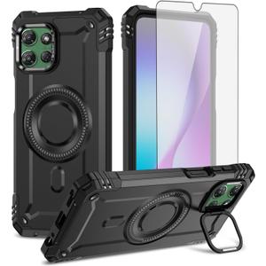 Phone Case for Motorola Moto G Power 5G 2025 with Tempered Glass Screen Protector Two Layer Hard Bumper Defender Wireless Charging Magsafe Kickstand Shockproof Soft Silicone for XT2515-1 Black