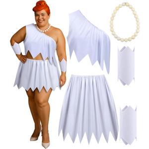 Mepase Plus Size 5 Pack Cave Woman White Costume Set for Women, Prehistoric Retro Cosplay Outfit with Pebble Necklace, Classic Cartoon Style Halloween Party Dress, Vintage Animated Character Look (White)