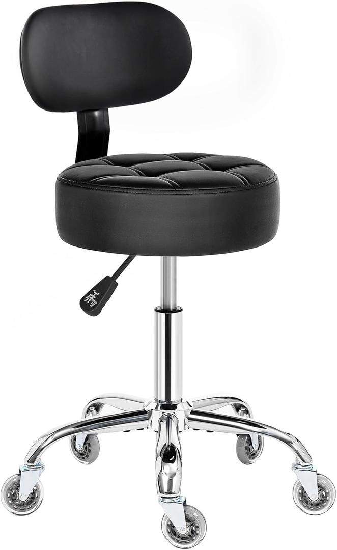 BEWISHOME Rolling Stool with Back Support, Heavy Duty Rolling Chair for Massage,Salon,Spa,Office, Height Adjustable 350lbs Weight Capacity Swivel Stool (Black) BYD11B
