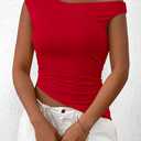 PRETTYGARDEN Womens 2026 Summer Off The Shoulder Crop Tops Sleeveless One Shoulder Ruched Asymmetrical Y2K Going Out Tank Top (Red, S)