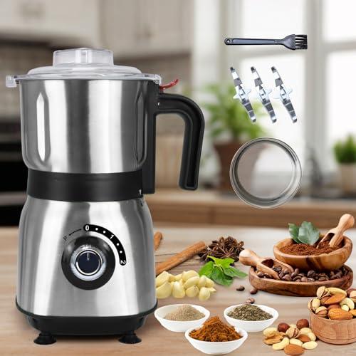 Spice Grinder Electric, Herb Nut Grinder for Kitchen, Detachable Espresso Grinders with Stainless Steel Blades, Filter and Brush, 500w Dry and Wet Grain Mill for Coffee, Rice, Bean, Seasoning (Black)