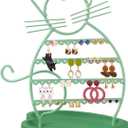ERYTLLY Earring Holder Organizer, Cat Shaped Earring Organizer Stand With Wood Base Necklace Organizer-47 Stud Earrings Holes Bracelet Holder (Mint Green)