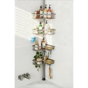 KEGII Shower Caddy Tension Pole, 4-Tier Rustproof Adjustable Corner Bathroom Organizer for Renters, 25114.2 Inch No Drill Space-Saving Shower Storage Rack, Silver Gray