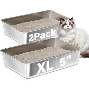 Stainless Steel Litter Box 2 Pack, XLarge Metal Litter Box | Easy Clean Non Stick Easy Entry No Smell Steel Litterbox for Kitty/Cats