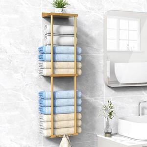 Liuoud Towel Rack for Bathroom, Wall Mounted Vertical Rolled Towel Storage Organizer Holder with Shelf, Holds Up 6 Large Bath Sheets, Gold