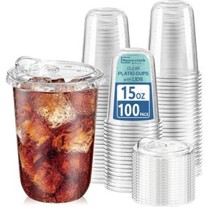 Homestockplus 15 oz Clear Plastic Cups with Lids (100 Pack) - Strawless Sip Lids, Leak-Proof & BPA-Free Iced Coffee Cups - Disposable Cold Drink Cups for Smoothies, Milkshake, Parties, Events