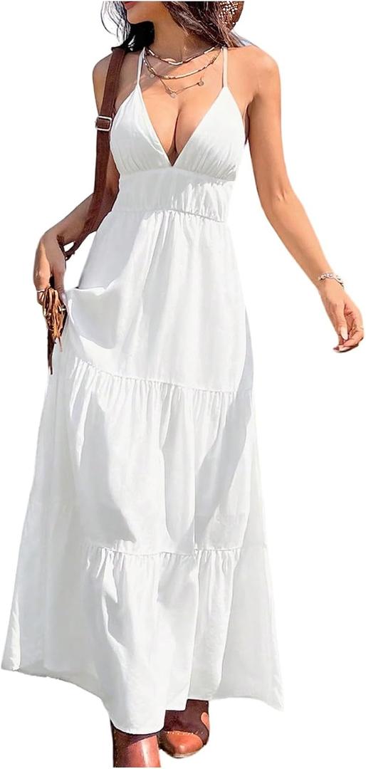 OYOANGLE Women's V Neck Spaghetti Strap Tiered Maxi Dress Sleeveless Flowy A Line Summer Sundress, L