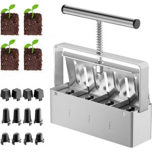 Soil Blocker, 4 Cell Soil Block Maker 2 Inch with 3 Sizes Seed Pins, Seed Handheld Block Maker with Comfortable Handle, Garden Blocking Tools for Seedings, Cuttings, Greenhouses