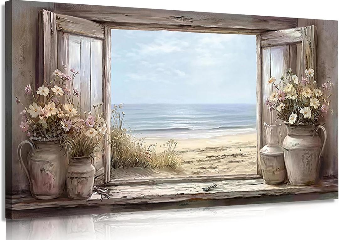 Farmhouse Coastal Window View Canvas Wall Art, Vintage Floral Vase Window Painting Picture Wall Decor, Rustic Seaside Print Artwork for Living Room Bedroom Bathroom Home Decoration, 20x40 Inch Framed