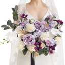 Ling's moment Purple Bridal Bouquet, 15 Inch Lilac Wedding Bouquets for Bride, Silk Free Form Bridal Bouquets for Wedding, Ceremony, Anniversary, etc. (Prpl-gold & Lilac)