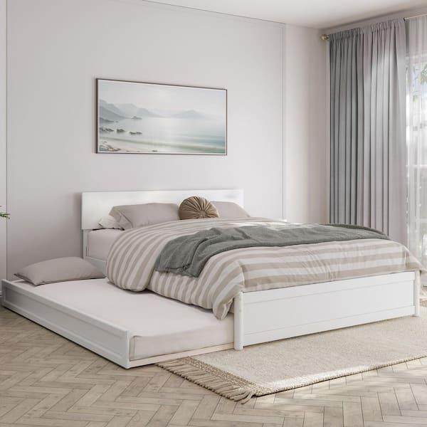 Wesley White Solid Wood Frame Queen Platform Bed with Panel Footboard and Twin XL Trundle