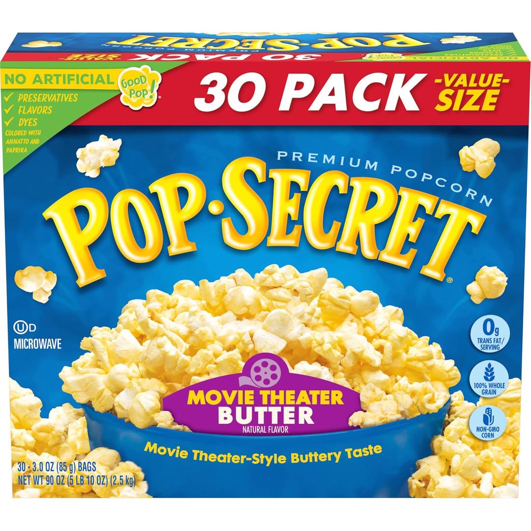 Pop Secret Microwave Popcorn, Movie Theater Butter Flavor, 3 Oz Sharing Bags, 30 Ct (EXP 03/21/27)