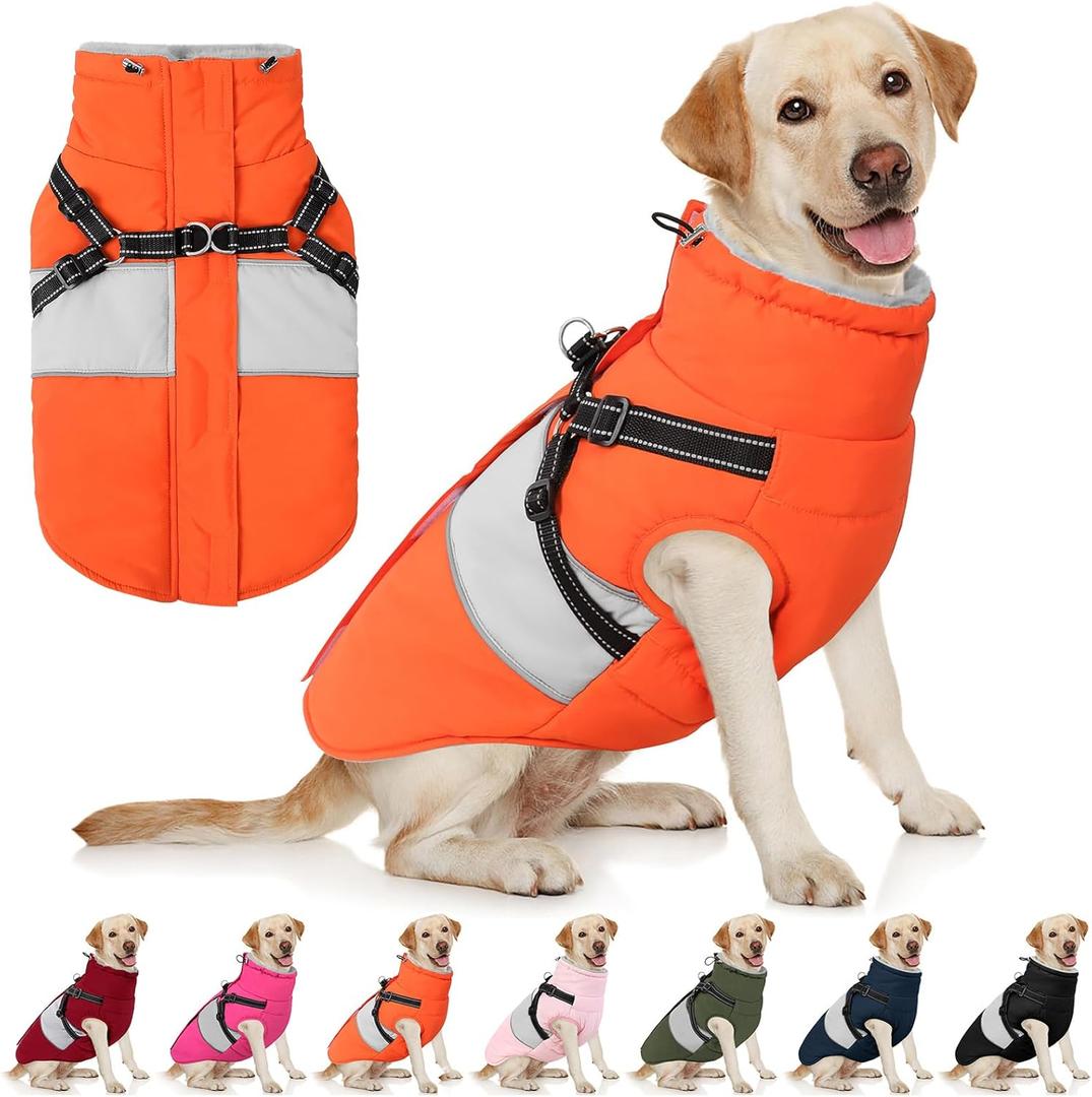 AOFITEE Dog Winter Coat, Dog Coat with Harness Built in, Dogs Jacket for Large Dogs, Reflective Waterproof Pet Puffer Jacket Snowsuit, Warm Fleece Windproof Pet Sweater for Cold Weather, XL (Orange)