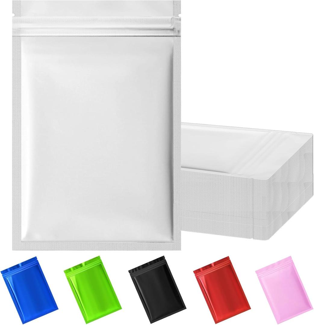 100 Pack Resealable Mylar Bag, Smell Proof Bags Resealable Packaging Supplies for Food Storage Small Business (White, 5.5" X 7.8")