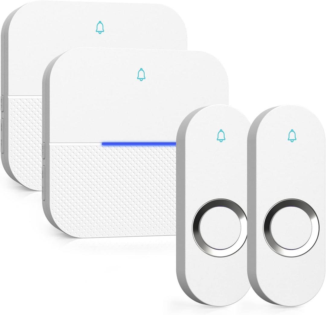 AIDA Lighted Wireless Doorbell, Home Waterproof Doorbell 1,000ft Range, 5 Volume Levels with 58 Doorbell Chimes & LED Flash (White, Doorbell with 2 Buttons & 2 Receivers)