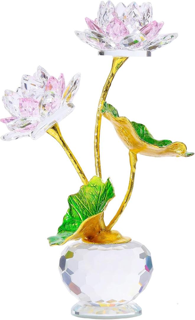 Arikyrist Pink Crystal Lotus Flower with Vase, Handmade Gifts for Women on Birthday, Mother's Day, Home & Office Decor, 2 Duo-Pink