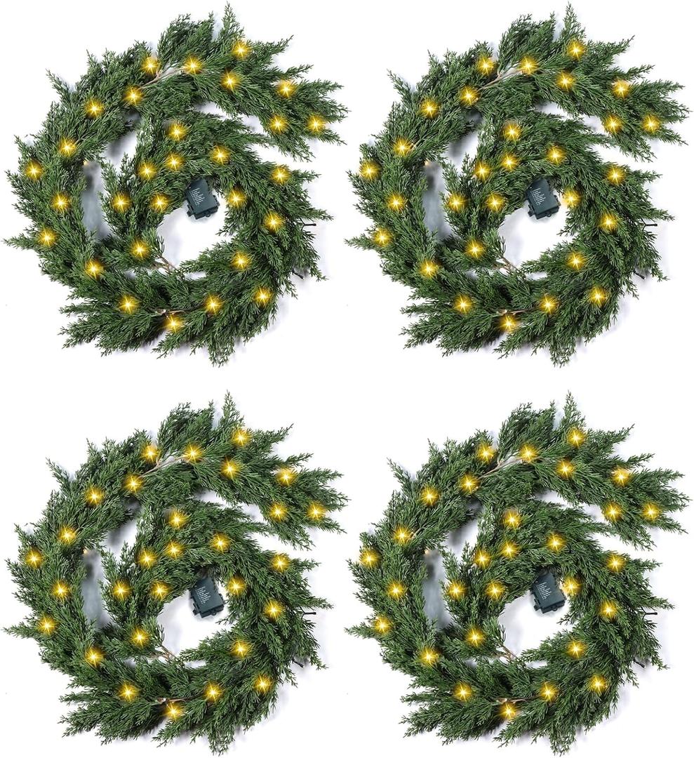 4 Pack LED Christmas Cedar Garland Lighted Artificial Pine Cypress Vines Faux Christmas Evergreen Mantle Fireplace Cascading Garland for Indoor Outdoor Table Stairs Winter Decoration (6 ft)