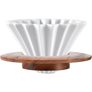 Ceramic Coffee Dripper Pour Over Coffee Maker with Wood Stand Elegant Flower Shape Filter (white)