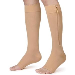 KEKING Zipper Compression Socks for Men Women, Open Toe, 20-30mmHg Firm Support Knee High Zipper Compression Stockings for Wide Calf - Varicose Veins, DVT, Shin Splints, Edema, Nursing, Beige L
