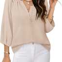 Womens Blouses Dressy Casual V Neck 3/4 Sleeve Tops Fashion Boho Loose Fit Button Down Shirts,  Beige, Medium