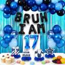 17th Birthday Decorations for Boy Men, Blue Black Happy Birthday Banner "Bruh I Am 17" (9PCS Aluminum Foil Balloon), Blue Theme Balloons, Fringe, Birthday Table Honeycomb Centerpieces (17th)